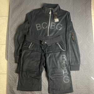 Y2K Vintage Inspired BCBG Maxazria Black Velour Bling Rhinestone Logo 2pc Set L